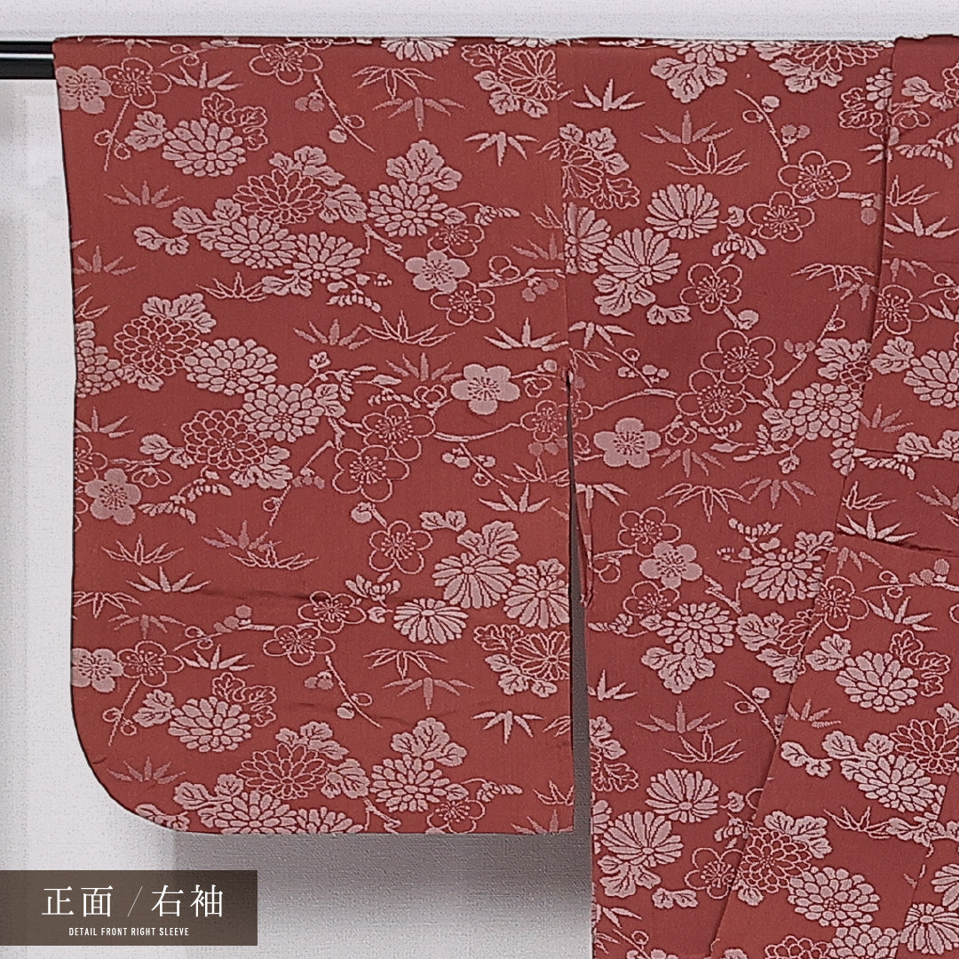 アンティーク お召 単衣 身丈149cm 裄丈63cm 正絹 Bランク 広衿 XSサイズ 菊 笹 赤系 RP 1222-11026
