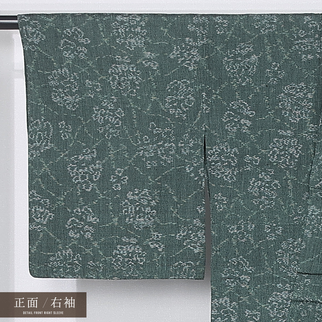 紬 単衣 身丈158cm 裄丈63cm 正絹 Aランク カジュアル 広衿 Mサイズ 創作柄 緑系 RP 1223-12204
