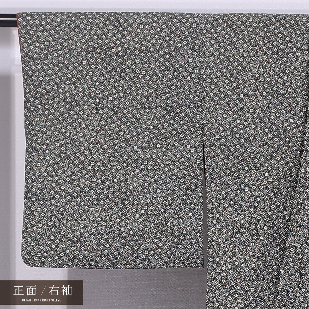 洗える着物 小紋 袷 身丈163cm 裄丈65cm ポリエステル Sランク インフォーマル 広衿 Lサイズ 唐草 梅 黒系 RP 1221-11866