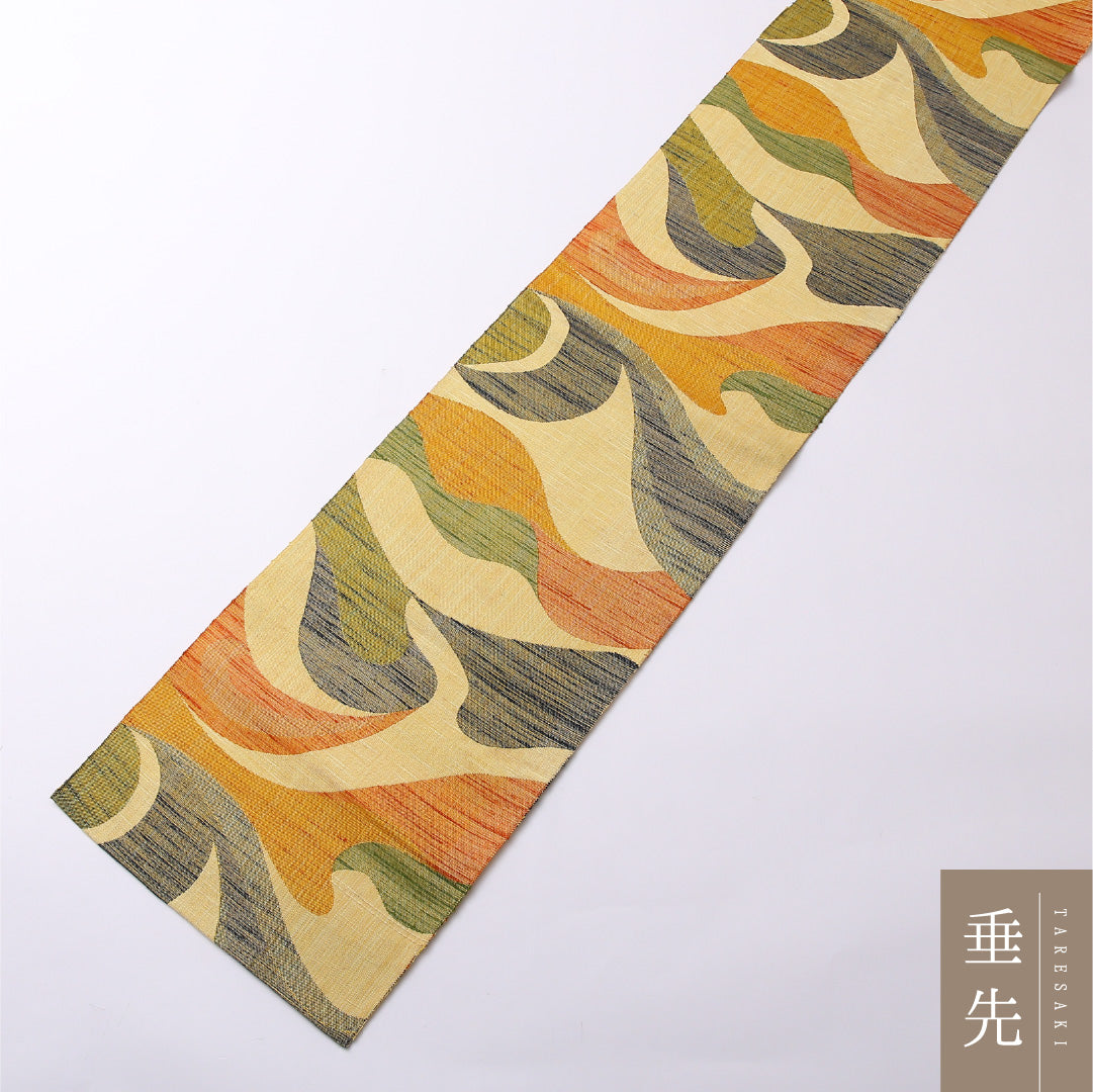 八寸名古屋帯 Cランク 帯丈352cm 正絹 六通 開き仕立て 織り カジュアル 紬 創作柄 黄系 RP 1245-02579