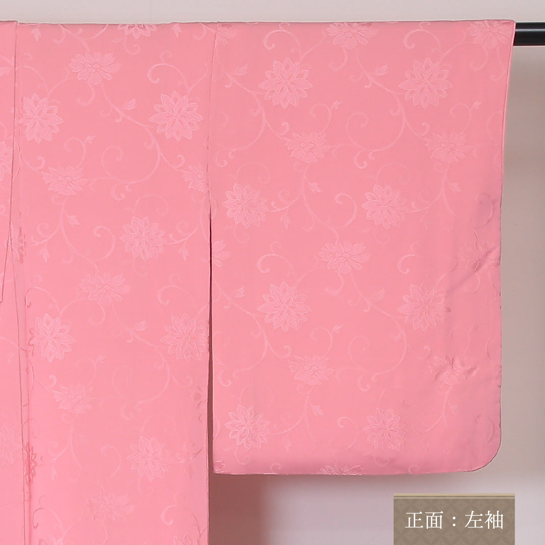 色無地 袷 身丈161cm 裄丈62cm 正絹 Sランク 一つ紋 (片喰) 紋意匠 (唐華) セミフォーマル 広衿 Lサイズ ピンク系 RP 1219-05244