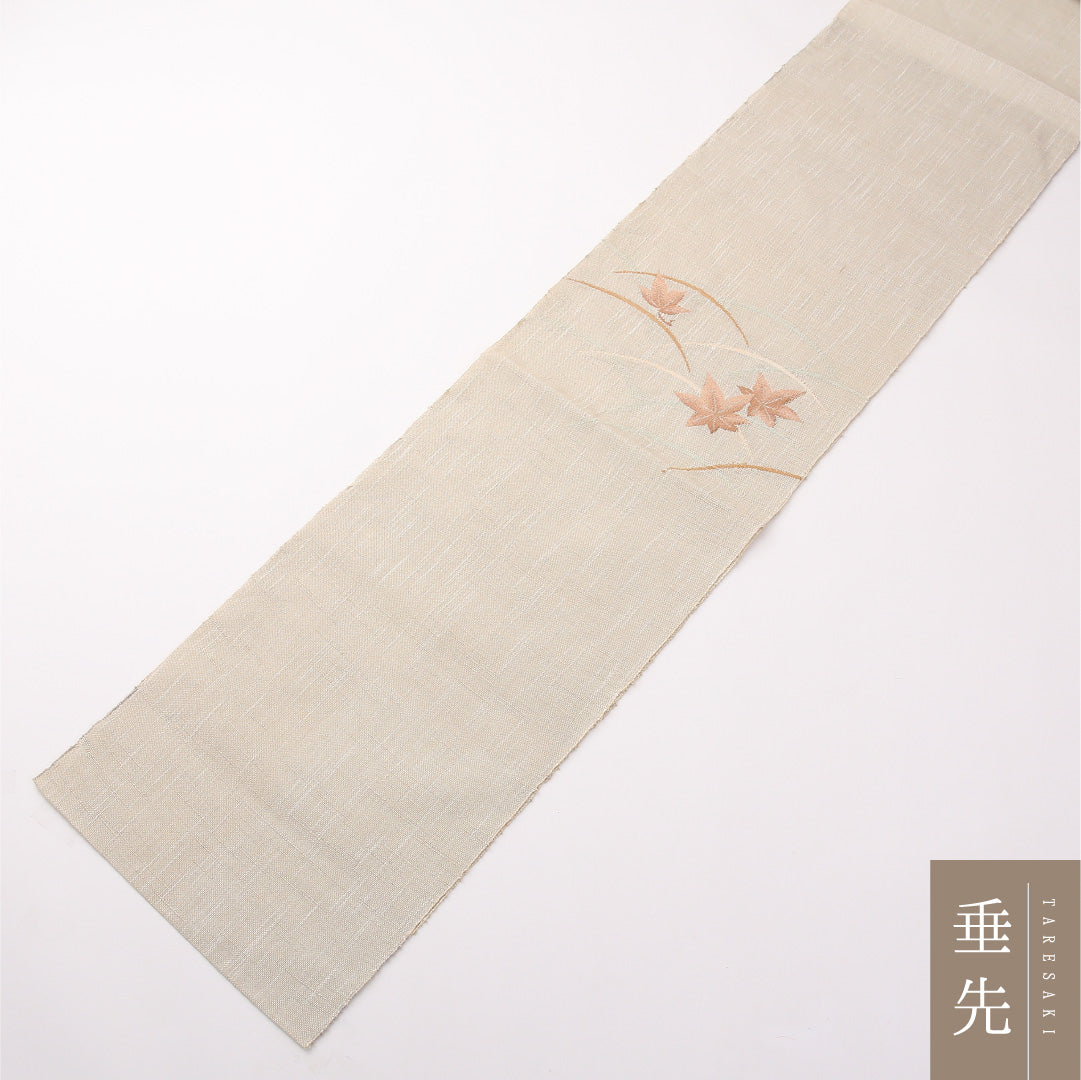 夏物 名古屋帯 紬地 ポイント柄 帯丈366cm カジュアル Bランク 正絹 紅葉 楓 クリーム系 1224-02205
