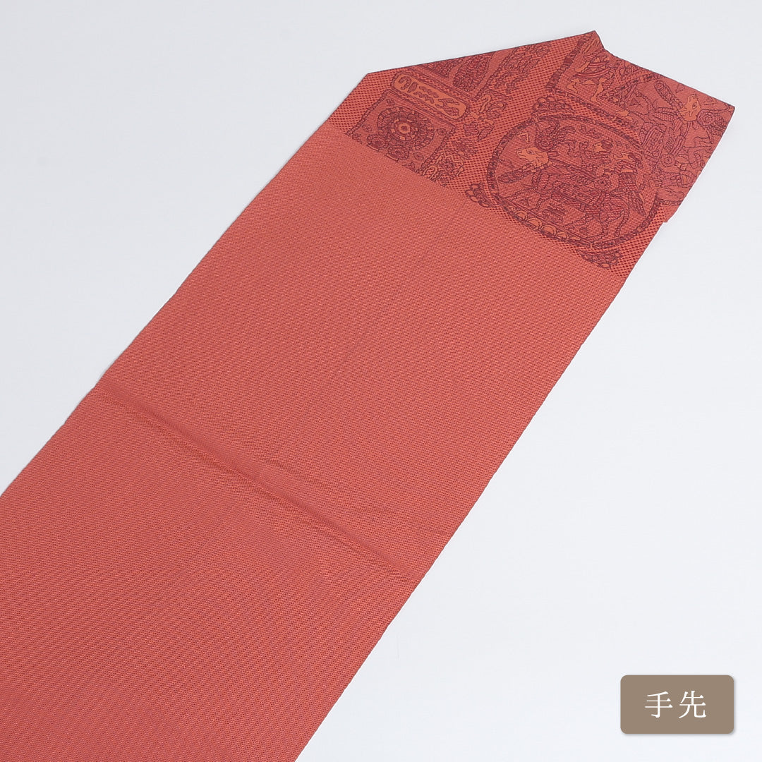 八寸名古屋帯 Aランク 帯丈348cm 正絹 六通 松葉仕立て 織り カジュアル コプト文様 朱系 LP 1245-00520