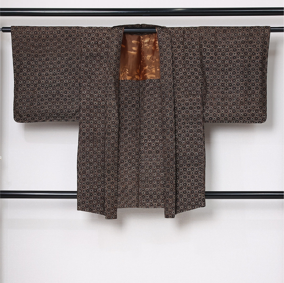 羽織 袷 身丈85cm 裄丈62cm 正絹 Aランク カジュアル Sサイズ 斜め格子 茶系 RP 1232-12761