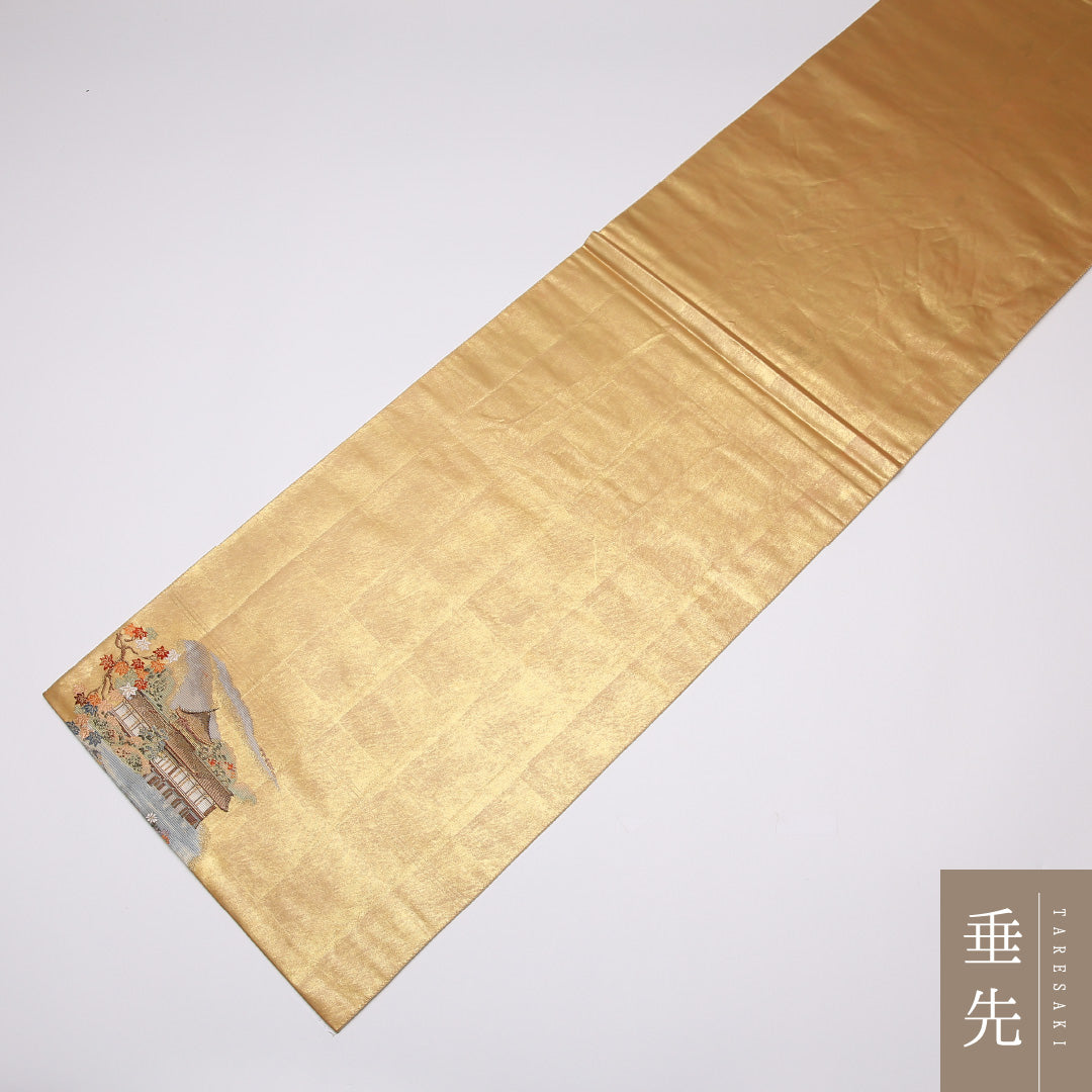 袋帯 帯丈434cm 六通 大和路散策絵文 本金箔 梅 竜胆 寺社仏閣 笠松 フォーマル 金系 正絹 Aランク 1223-01093