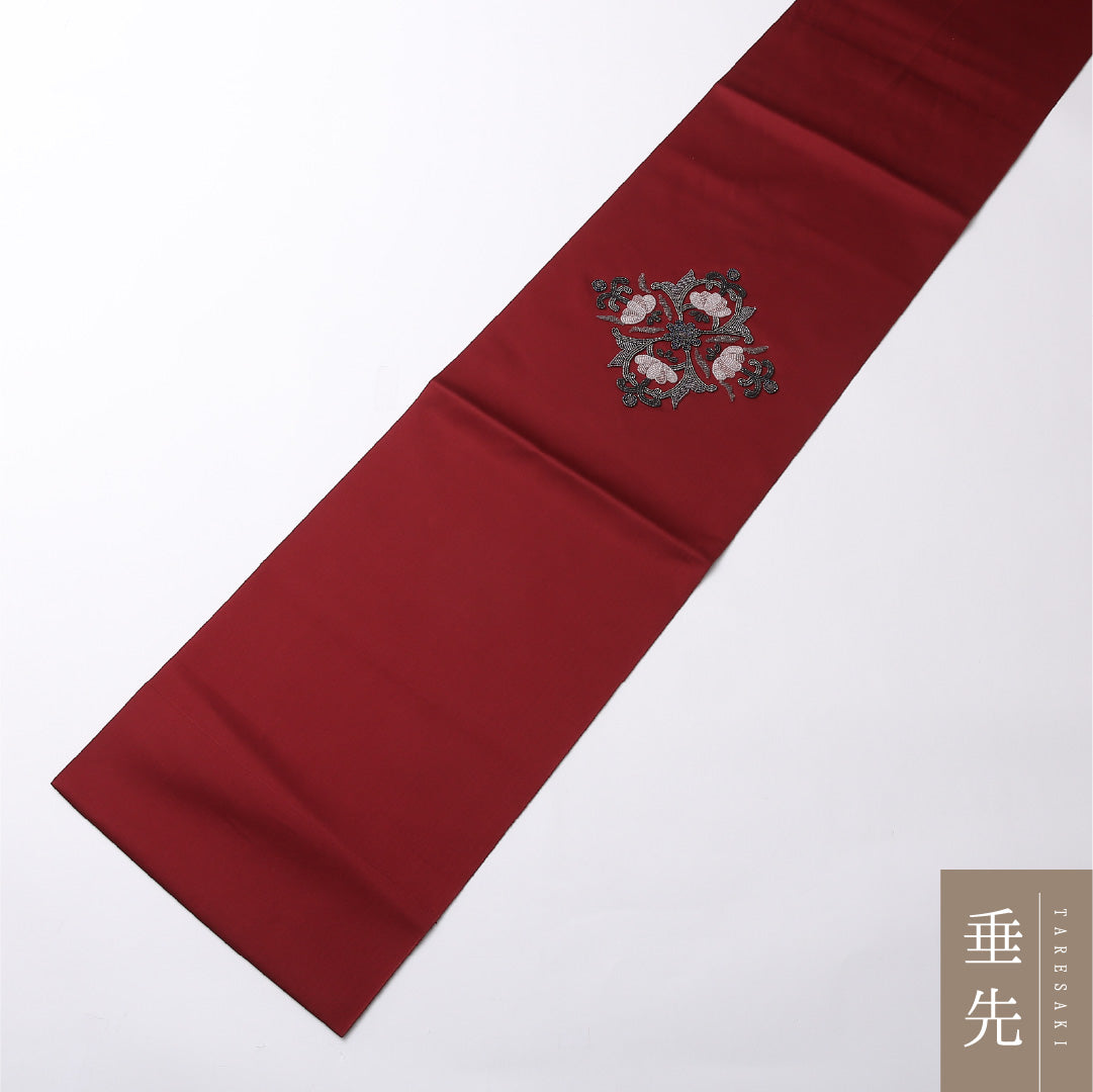 八寸 名古屋帯 帯丈354cm 松葉仕立て ポイント柄 Aランク カジュアル 正絹 刺繍 ダマスク柄 ビーズ 上品 シンプル 赤系 1224-02763