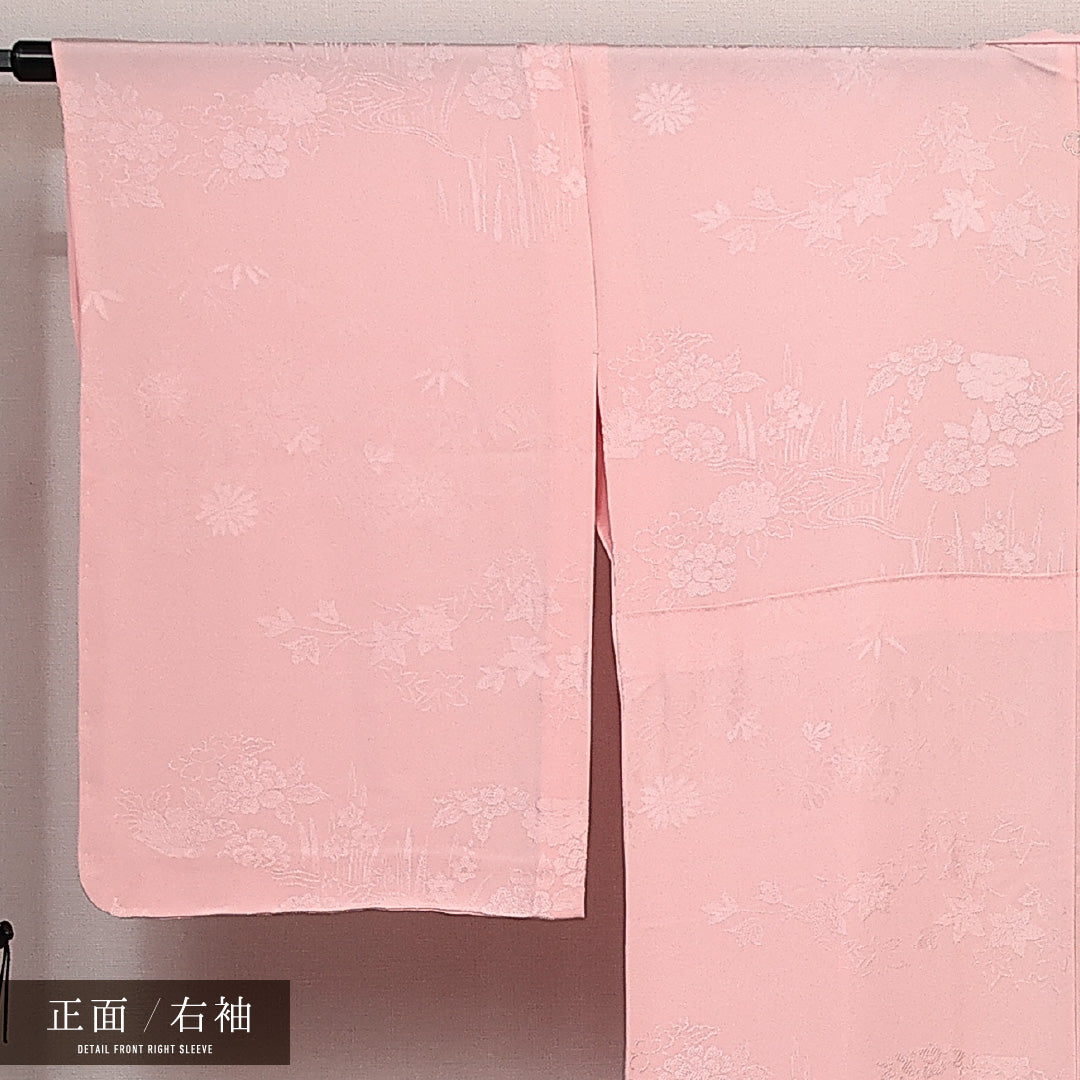 色無地 単衣 身丈160cm 裄丈63cm 正絹 Sランク 一つ紋(蔦) セミフォーマル 広衿 Lサイズ 紋意匠 牡丹 上品 しとやか ピンク系 RP 1219-14043