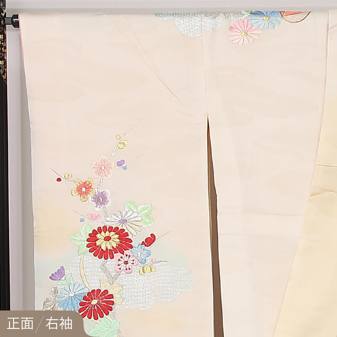 振袖 身丈154cm 裄丈67.5cm Aランク 袷 正絹 M 広衿 刺繍 金駒刺繍 菊 梅 花柄 クリーム系 1213-F0443