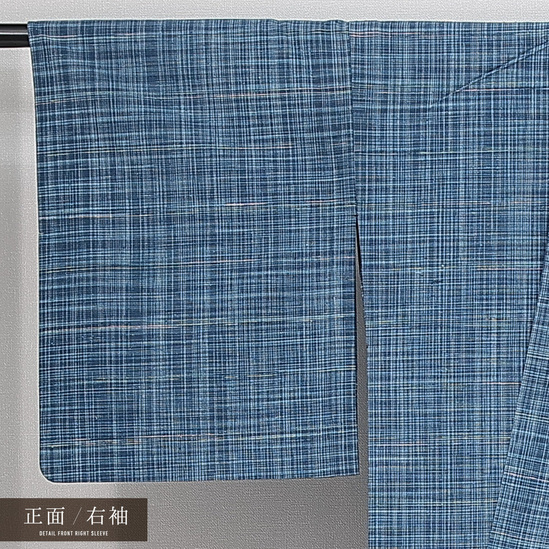 紬 単衣 身丈153cm 裄丈64cm 正絹 Aランク カジュアル 広衿 Sサイズ 格子 水色系 RP 1223-14728