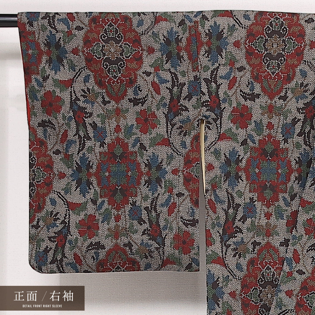 お召 袷 身丈156cm 裄丈64cm 正絹 Aランク インフォーマル バチ衿 Mサイズ 花柄 グレー系 HP 1222-13375