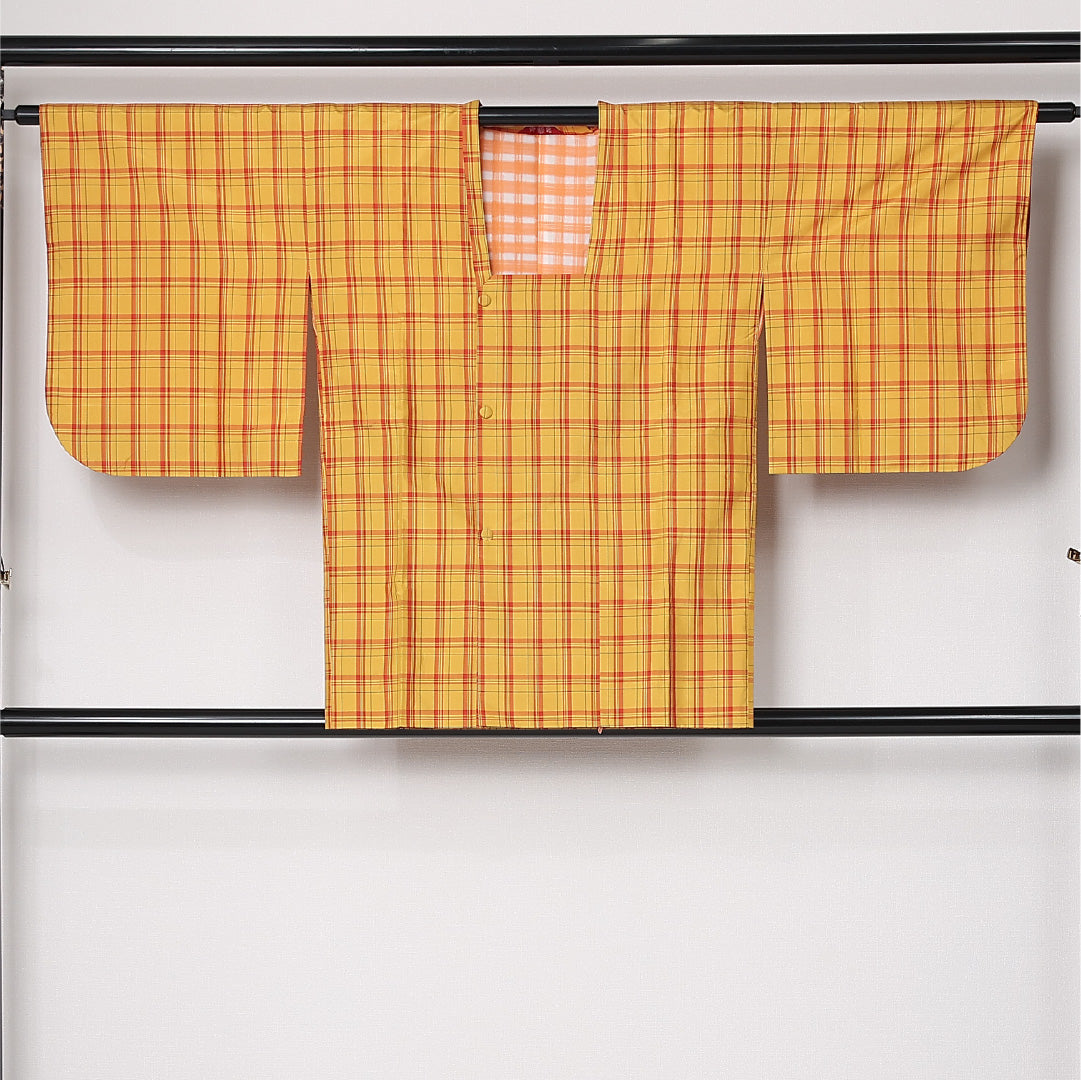 道行コート (大島紬) 袷 身丈80cm 裄丈63cm 正絹 Sランク セミフォーマル Sサイズ ポケットあり 格子 黄系 RP 1237-12704