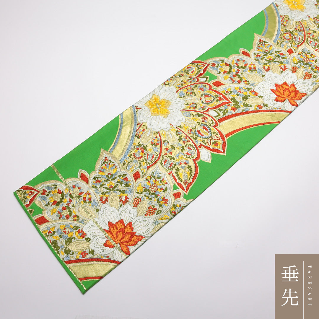 振袖用 袋帯 帯丈422cm 正絹 六通 唐織 宝相華 緑系 1243-01333