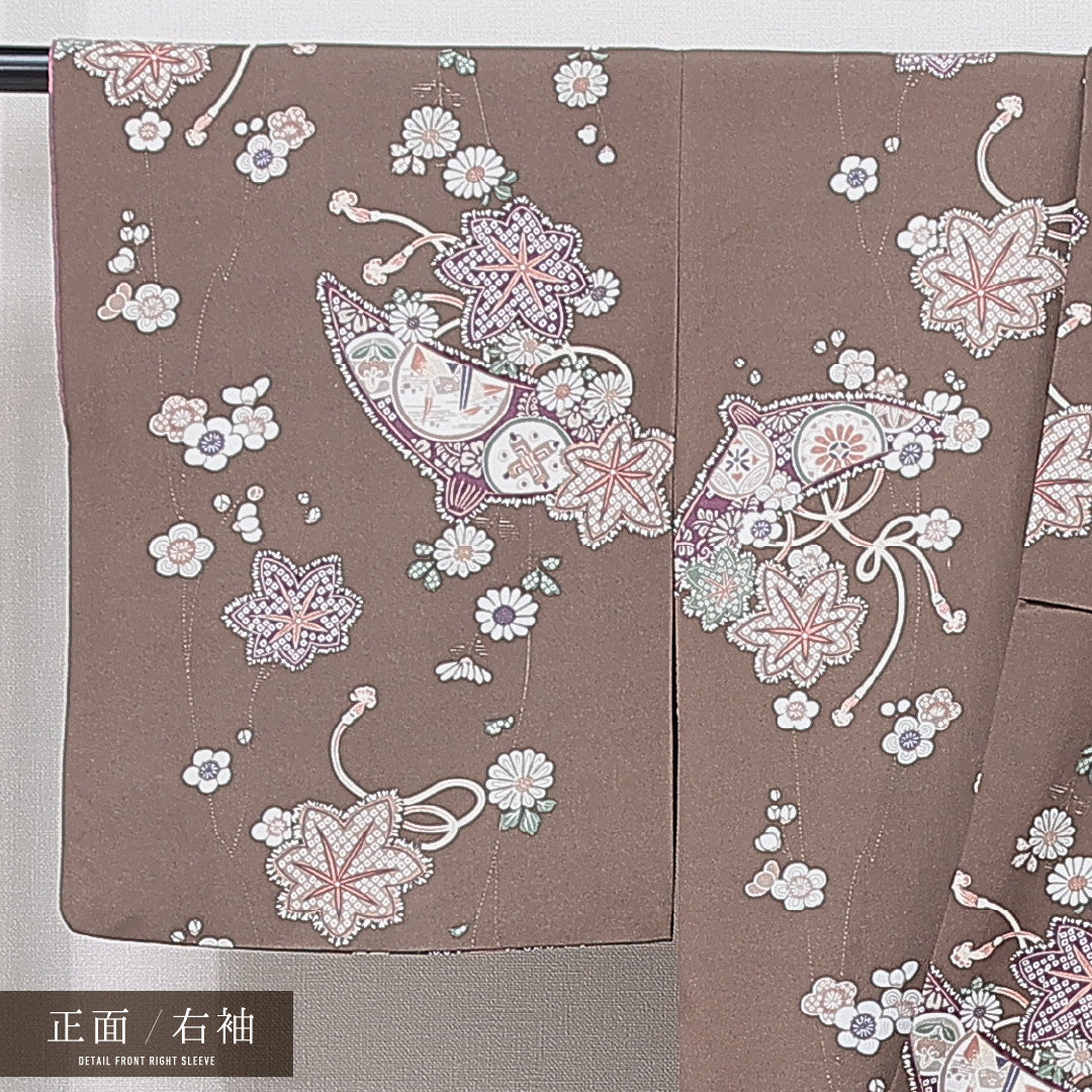 小紋 袷 身丈161cm 裄丈65cm 正絹 Cランク インフォーマル 広衿 Lサイズ 梅 紅葉 茶系 LP 1221-15602