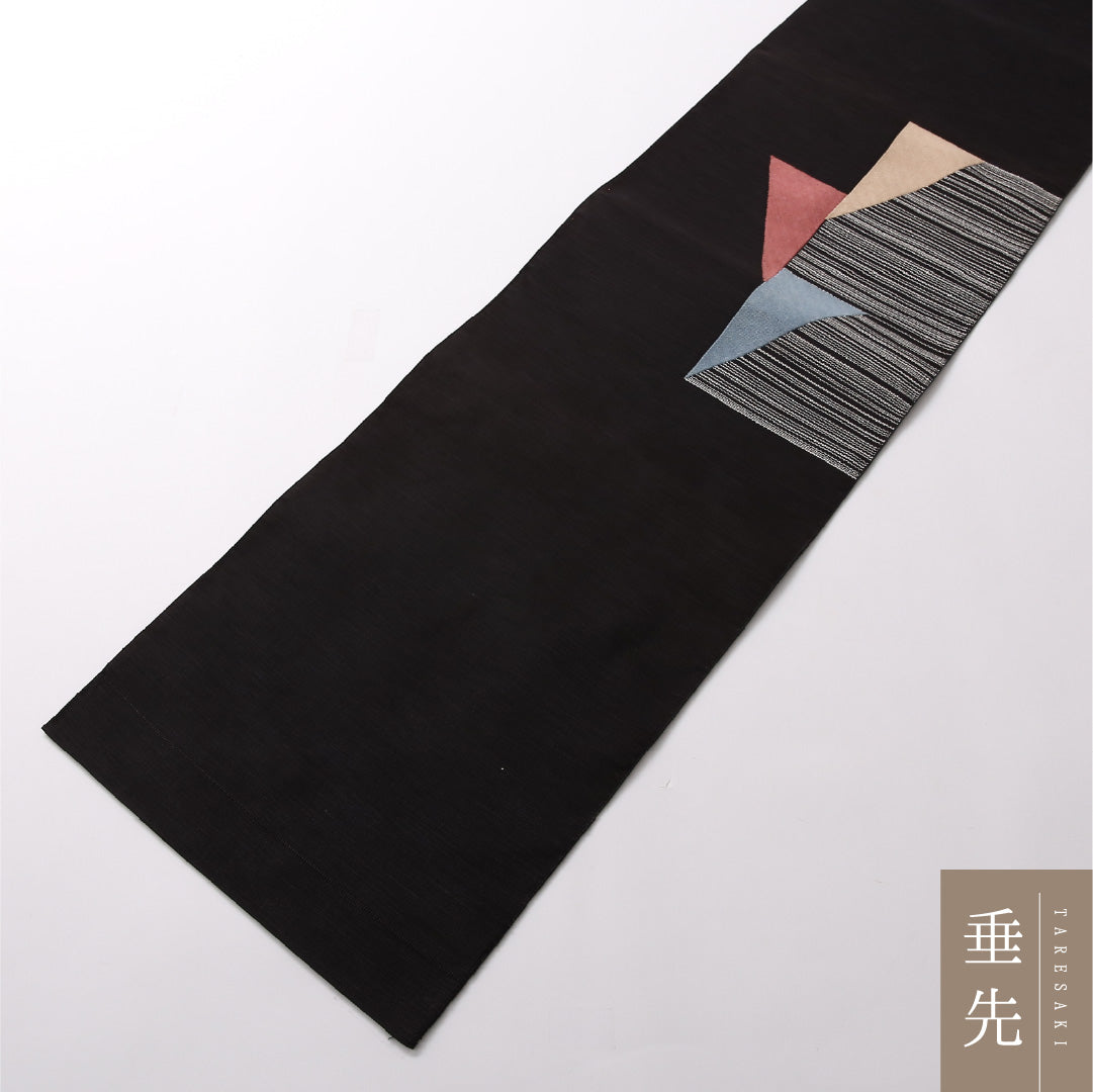 八寸名古屋帯 Sランク 帯丈347cm 正絹 ポイント柄 松葉仕立て 織り カジュアル 紬 幾何学柄 黒系・紺系 RP 1245-02822