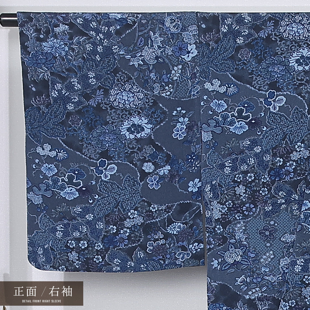 小紋 身丈164cm 裄丈64.5cm Sランク L 正絹 単衣 広衿 エレガント 藍型 ちりめん 橘 菊 桜 カジュアル 紺系 1215-12314