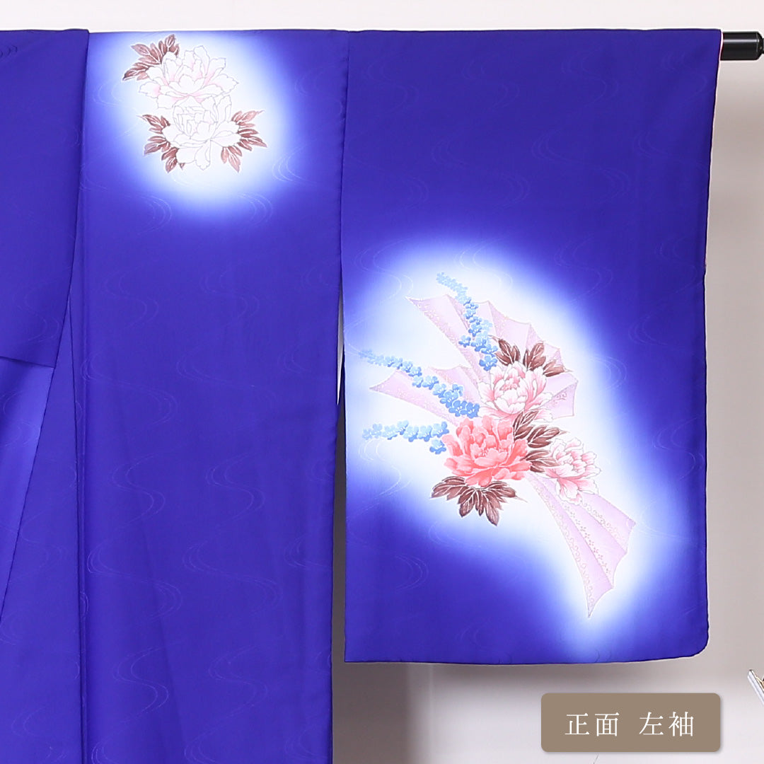 訪問着 袷 身丈159cm 裄丈66cm 正絹 Sランク セミフォーマル 広衿 Mサイズ 牡丹 青系 RP 1217-04477