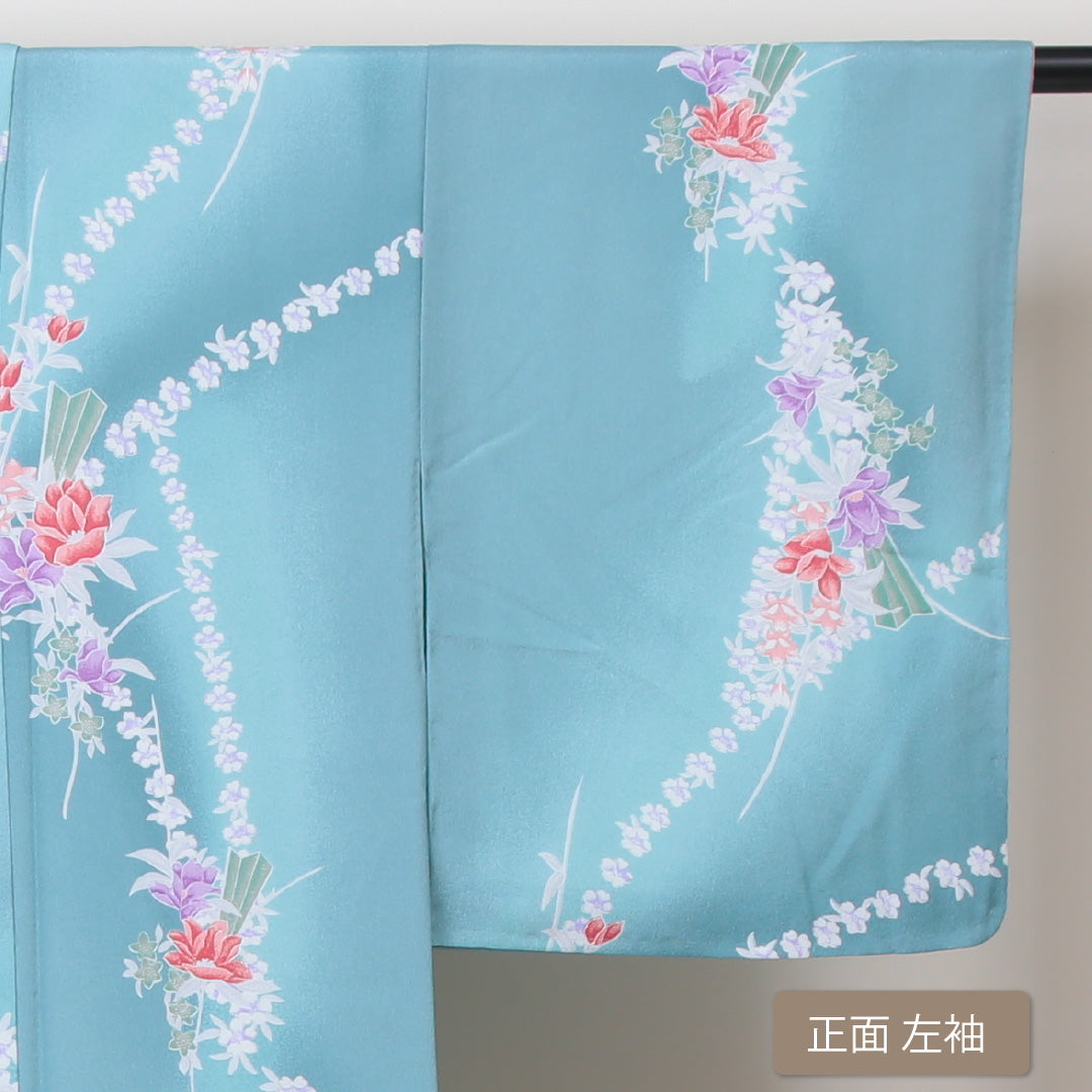 洗える着物 小紋 袷 身丈162cm 裄丈62cm ポリエステル Sランク インフォーマル 広衿 Lサイズ 花柄 緑系 RP 1221-01153
