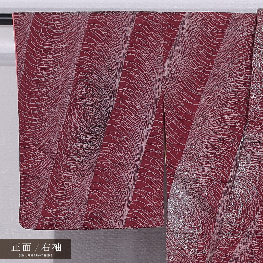 アンティーク お召 袷 身丈145cm 裄丈62cm 正絹 Aランク バチ衿 XSサイズ 菊 赤系 M4 1222-11853