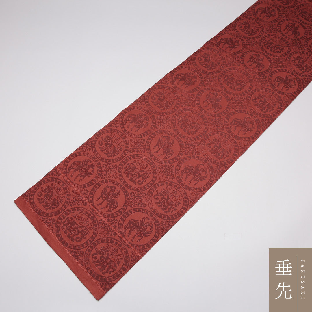 袋帯 帯丈426cm 正絹 全通 セミフォーマル 連珠文 名物裂 朱系 1243-01179