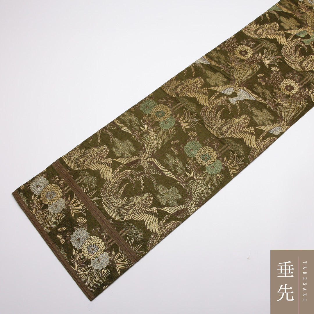 アンティーク 丸帯 帯丈388cm 正絹 全通 尾長鳥 菊 笹 緑系 1242-01364