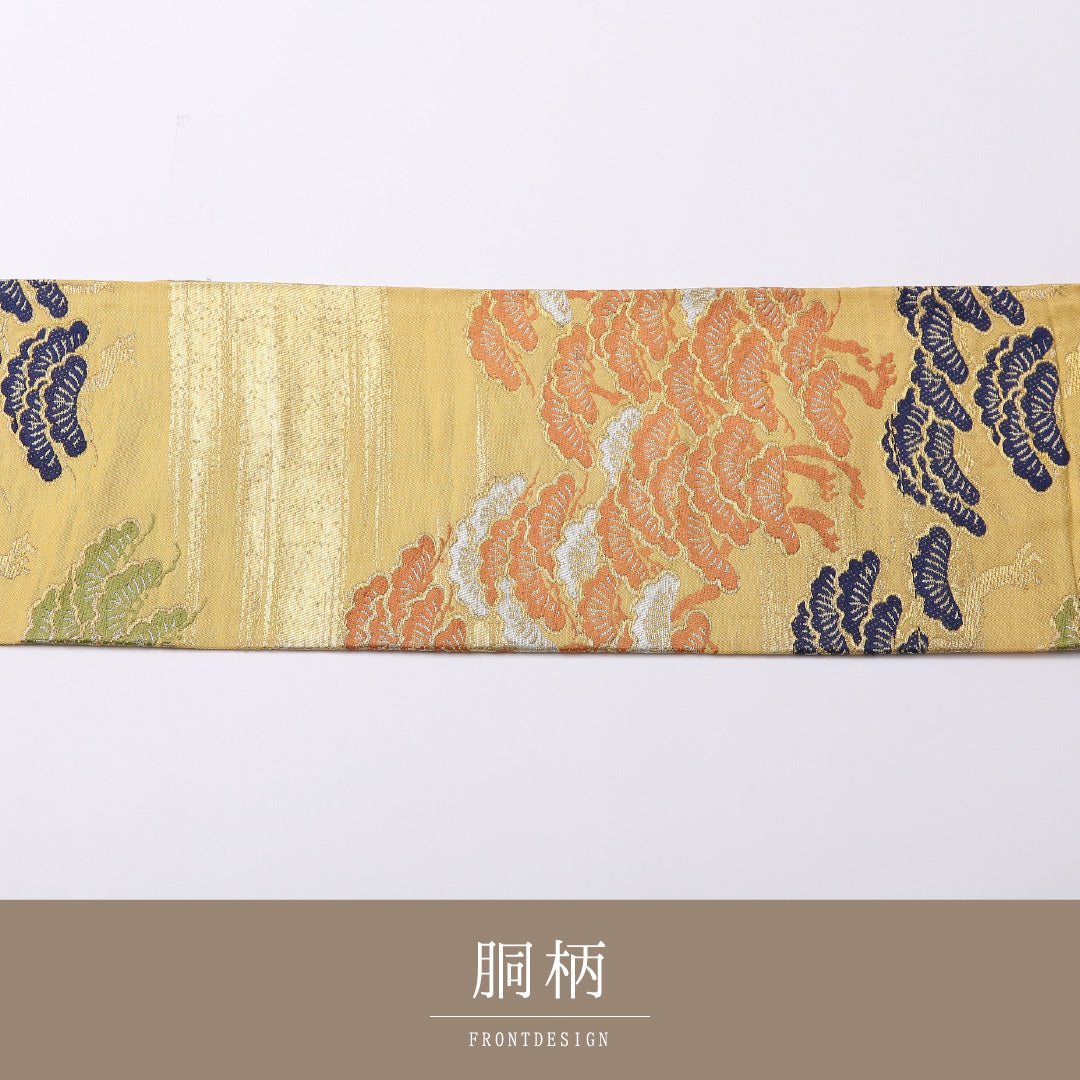 アンティーク 九寸名古屋帯 Aランク 帯丈337cm 正絹 六通 名古屋仕立て 帯芯なし 織り 松 黄系 RP 1245-02556