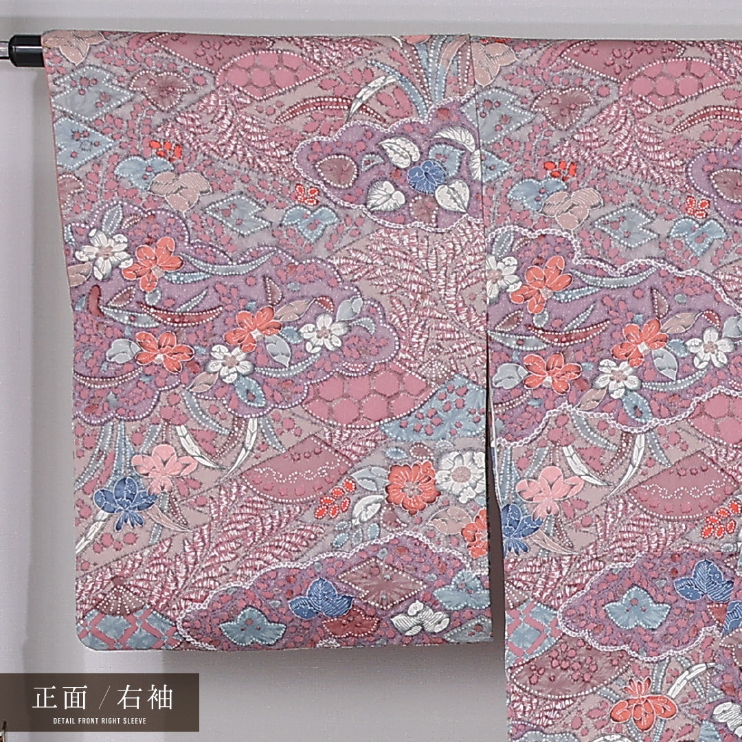 小紋 袷 身丈154cm 裄丈66cm 正絹 Aランク インフォーマル 広衿 Sサイズ 花柄 桐 ピンク系 RP 1221-12378
