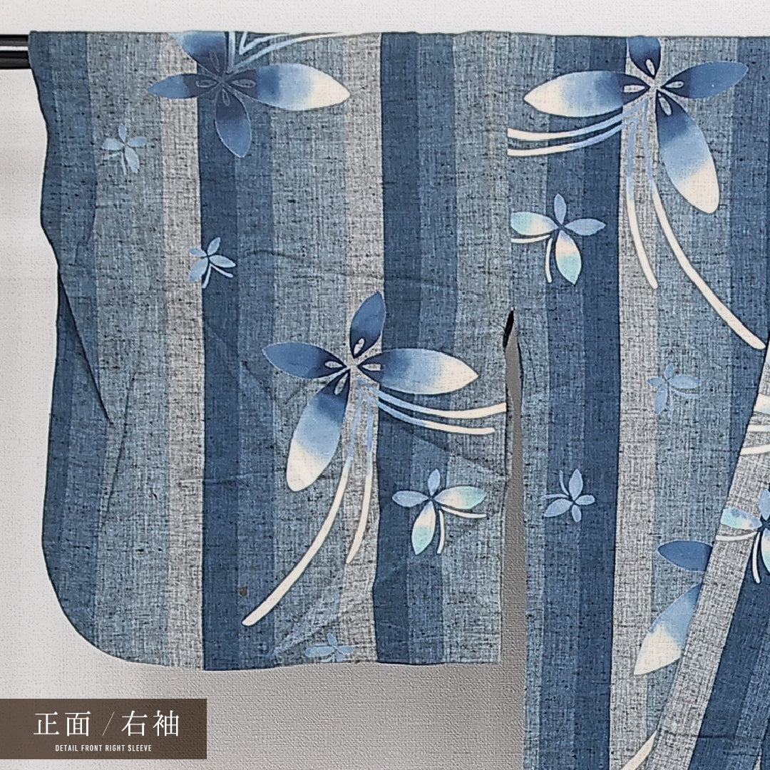 浴衣 夏物 洗える着物 身丈153cm 裄丈66cm Aランク 木綿 バチ衿 Sサイズ カジュアル 蝶 縞 素朴 しとやか 水色系 グレー系 1218-14263
