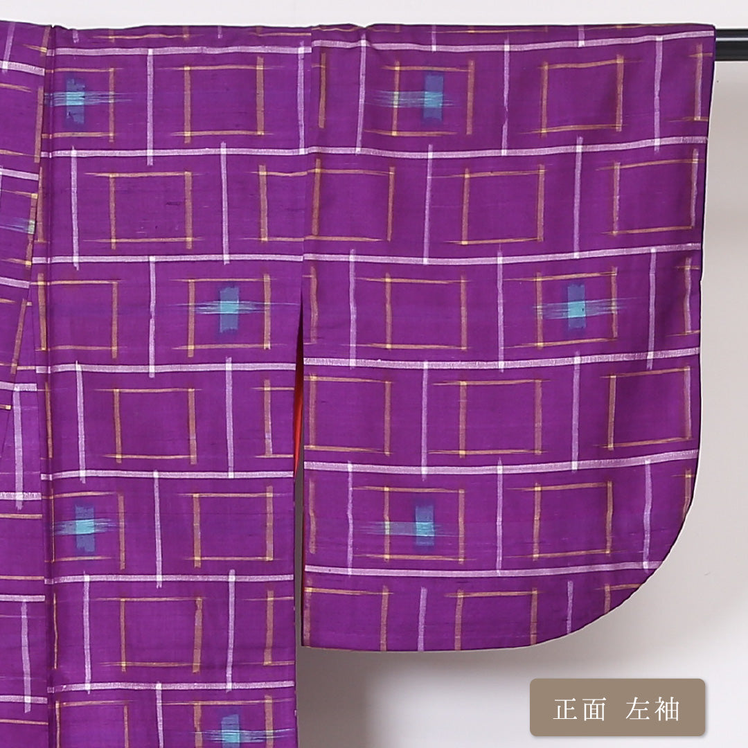 アンティーク 紬 袷 身丈145cm 裄丈60cm 正絹 Aランク バチ衿 XSサイズ 創作柄 紫系 PO 1223-03327