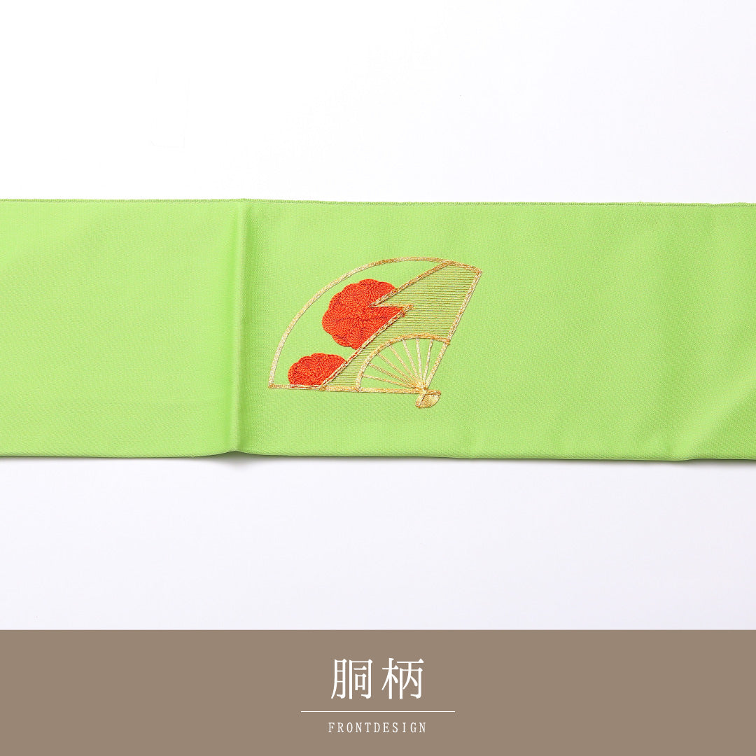 名古屋帯 ポイント柄 帯丈356cm セミフォーマル Aランク 正絹 銀駒刺繍 扇 緑系 1224-02489