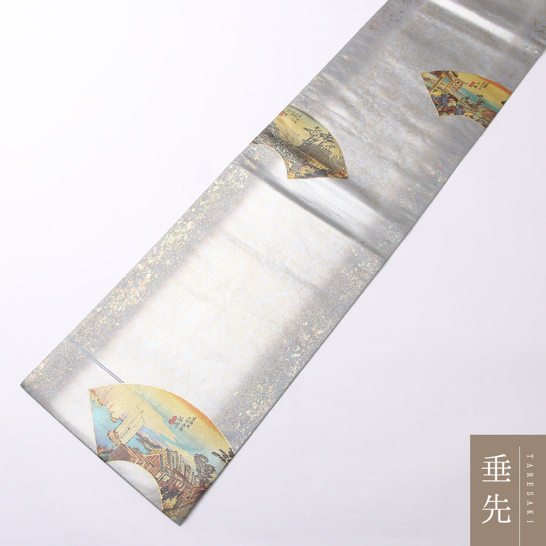 東海道五十三次 袋帯 帯丈428cm ポイント柄 フォーマル Aランク 正絹 金箔 引箔 螺鈿 現代的 粋 グレー系 1223-01491