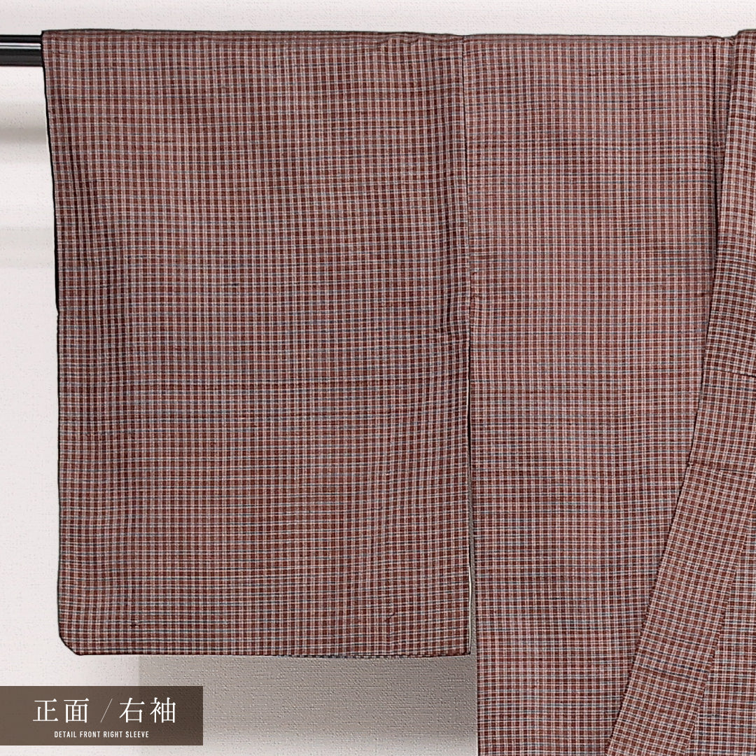 紬 袷 身丈152cm 裄丈62cm 正絹 Cランク カジュアル バチ衿 Sサイズ 格子 茶系 HP 1223-13383