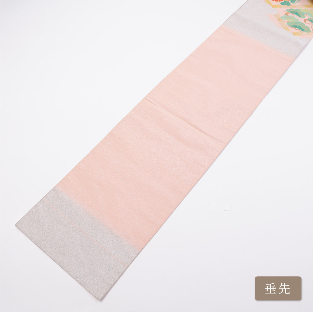 アンティーク 名古屋帯 帯丈432cm ポイント柄 開き仕立て Aランク セミフォーマル 斜め格子 吉祥文様 笠松 菖蒲 金銀糸 菊 綴れ織 正絹 ピンク系 落款 1224-00868