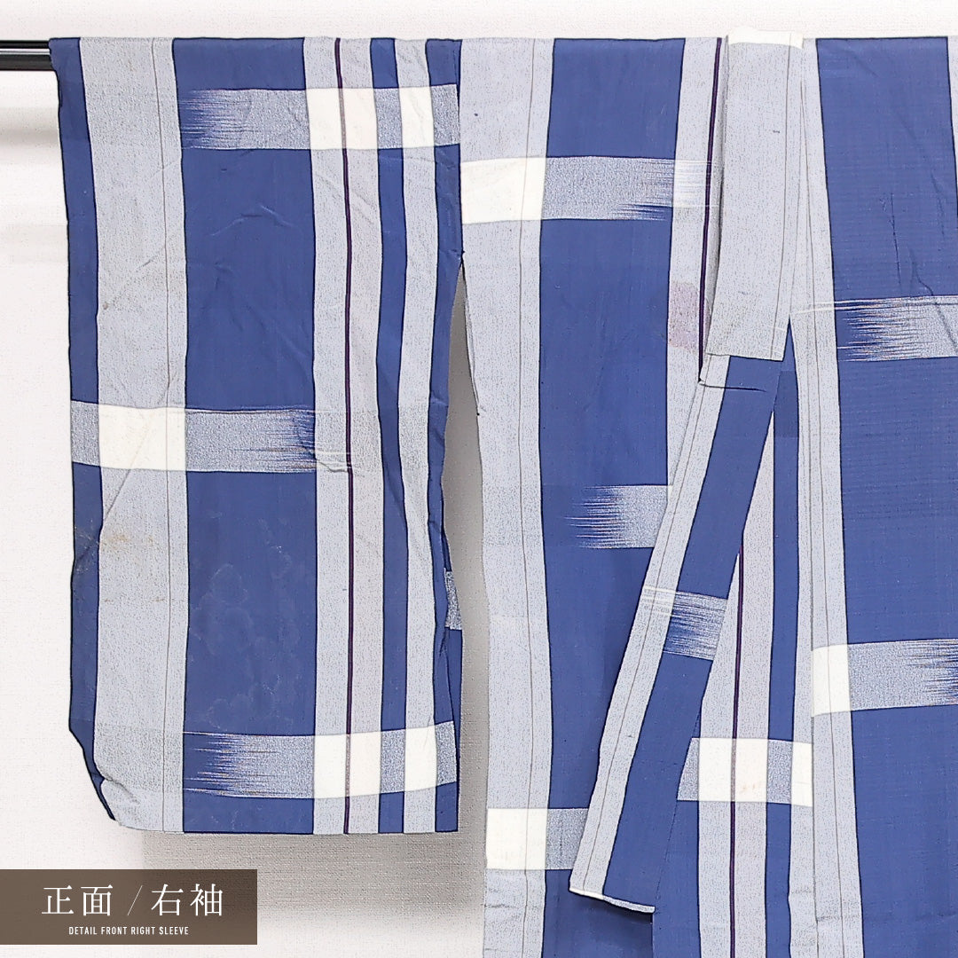 アンティーク 夏物 お召 夏物 身丈141cm 裄丈65cm 正絹 Dランク バチ衿 XSサイズ 創作柄 青系 GP 1222-13358