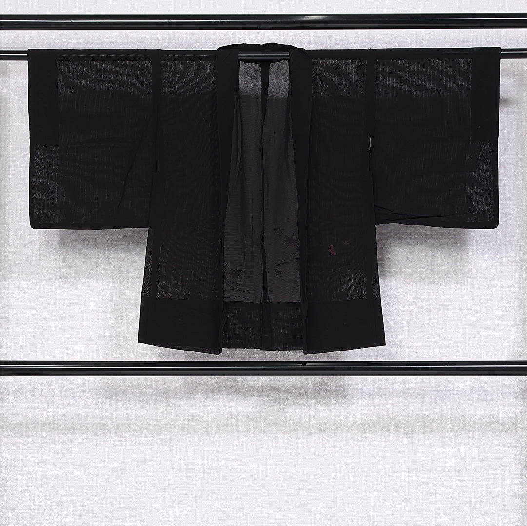 夏物 黒羽織 絽 身丈73cm 裄丈60cm 正絹 Sランク インフォーマル Sサイズ 絵羽羽織 楓 黒系 M4 1233-11158