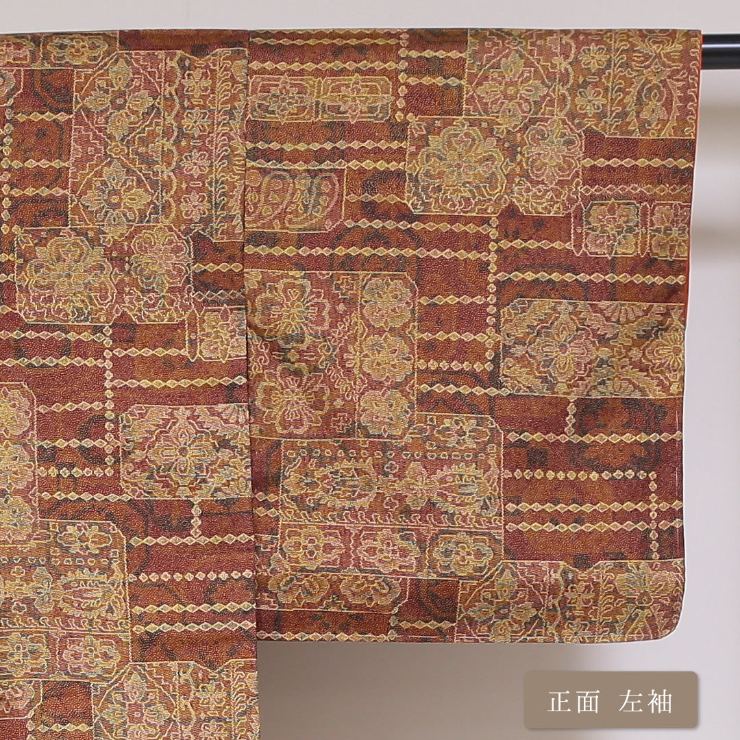 小紋 袷 身丈161cm 裄丈63cm 正絹 Aランク インフォーマル 広衿 Lサイズ 創作柄 茶系 HP 1221-01735