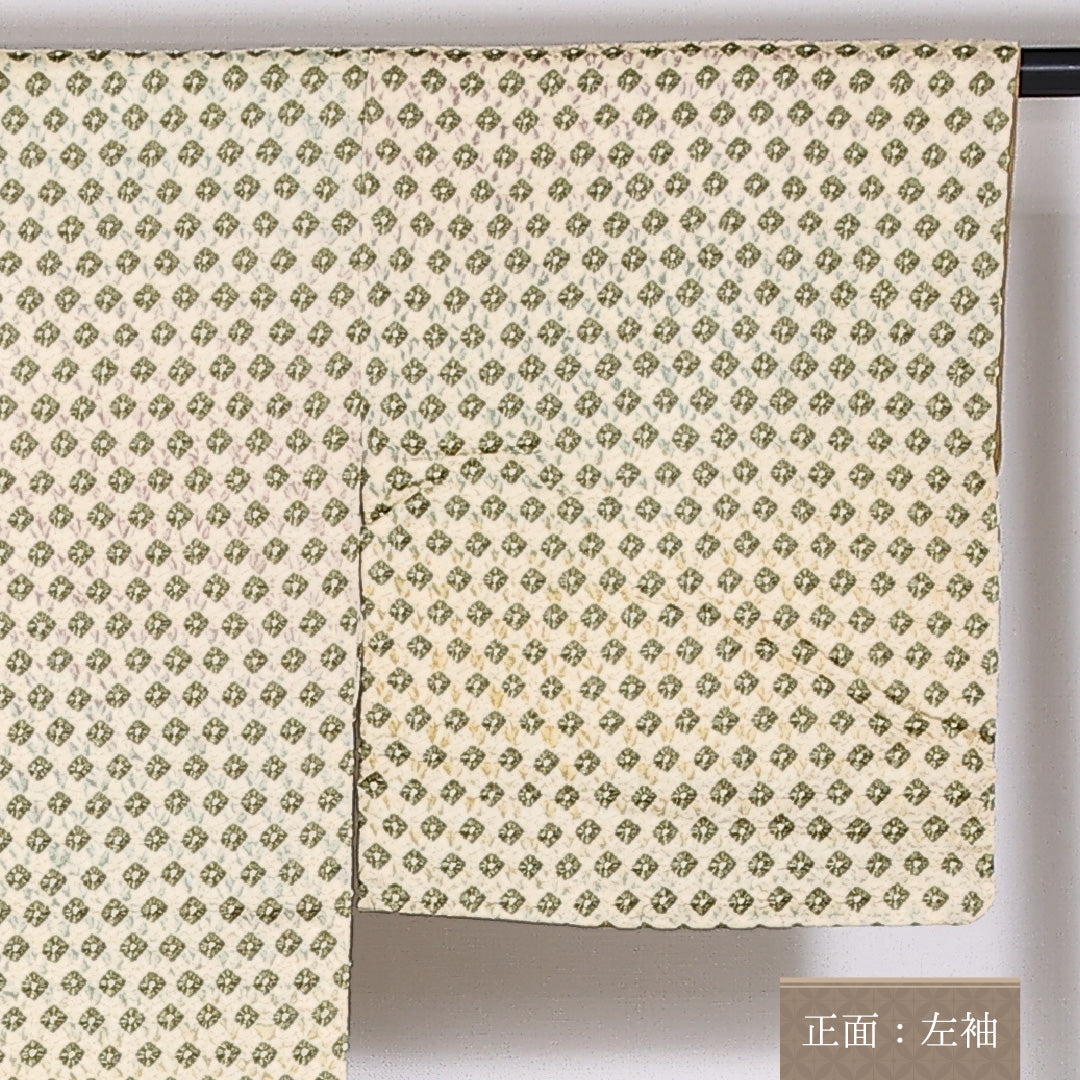 小紋 袷 身丈158cm 裄丈62cm 正絹 Sランク インフォーマル 広衿 Mサイズ 亀甲 クリーム系 RP 1221-02479