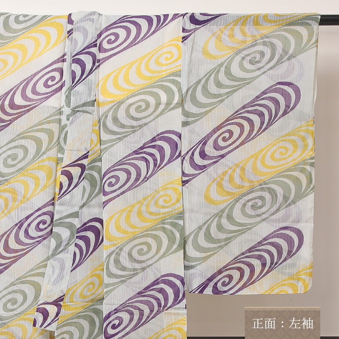 夏物 小紋 絽 身丈145cm 裄丈60cm 正絹 Cランク インフォーマル バチ衿 XSサイズ 肩当て 観世水 白系 LP 1221-02176