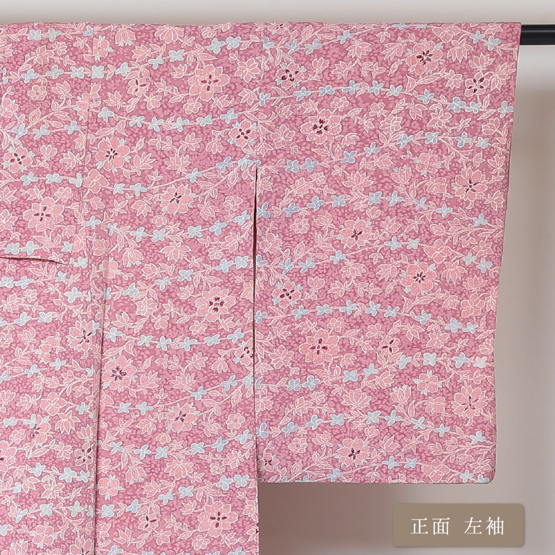 小紋 袷 身丈148cm 裄丈62cm 正絹 Aランク インフォーマル 広衿 XSサイズ 花柄 ピンク系 HP 1221-01506