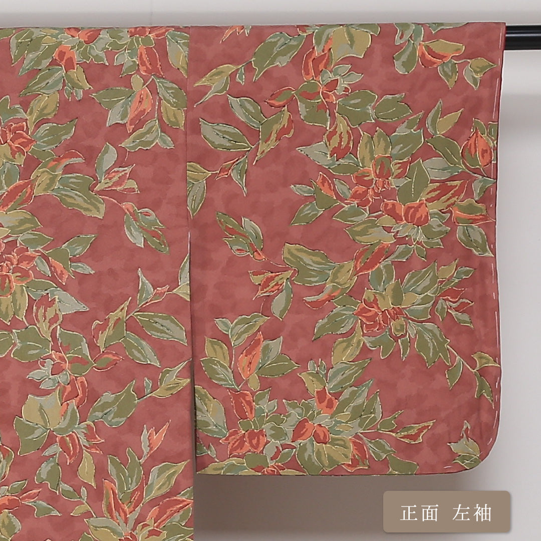 小紋 袷 身丈152cm 裄丈63cm 正絹 Aランク インフォーマル 広衿 Sサイズ 植物柄 ピンク系 HP 1221-01663