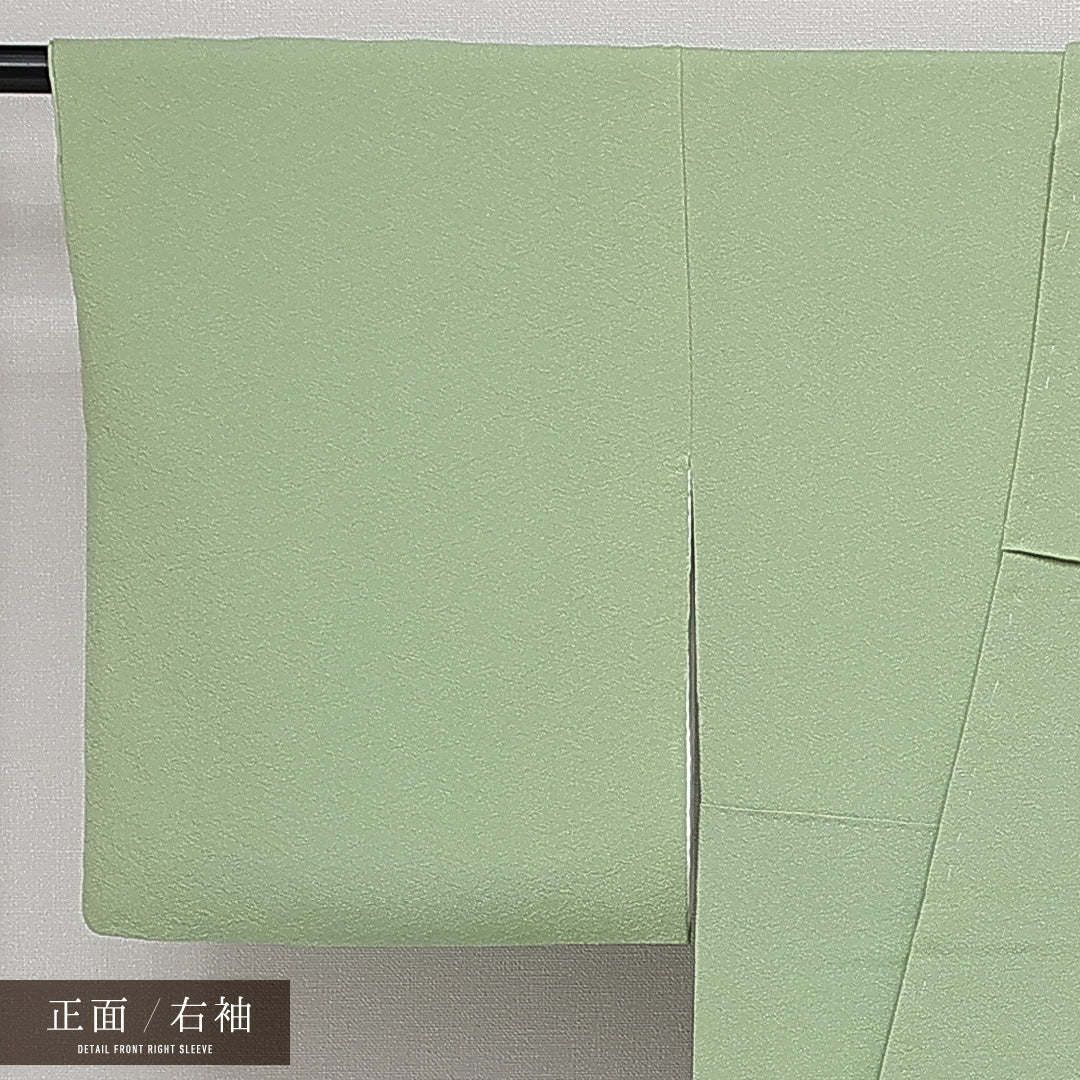 色無地 袷 身丈157cm 裄丈62cm 正絹 Sランク 一つ紋 (丸に三階松) セミフォーマル 広衿 Mサイズ ふくれ織 緑系 RP 1219-14388