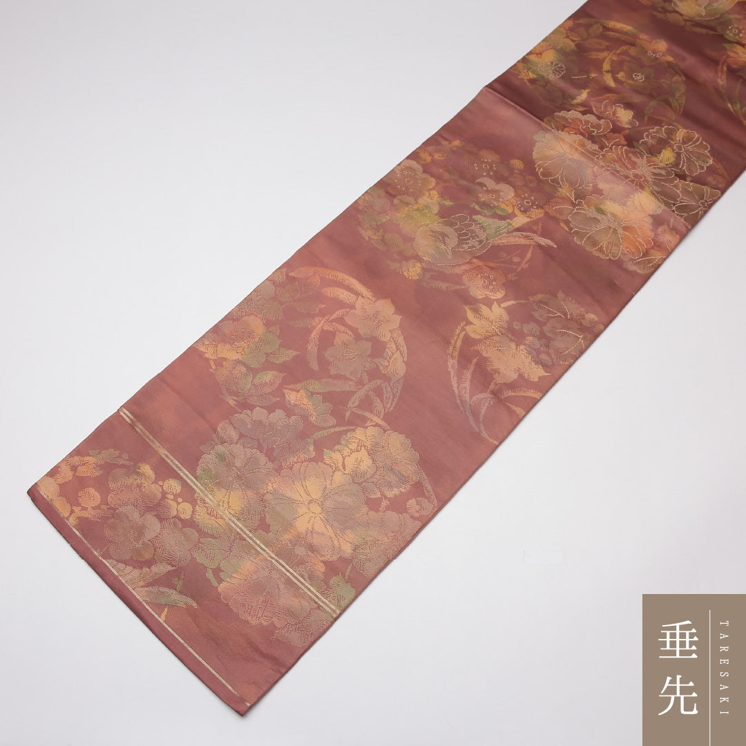 未使用品 袋帯 帯丈420cm 正絹 六通 セミフォーマル 花鳥文 茶系 ピンク系 1243-01235