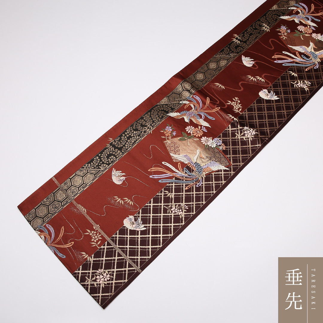 袋帯 帯丈426cm 正絹 六通 フォーマル 尾長鳥 花扇 赤系 1243-01044