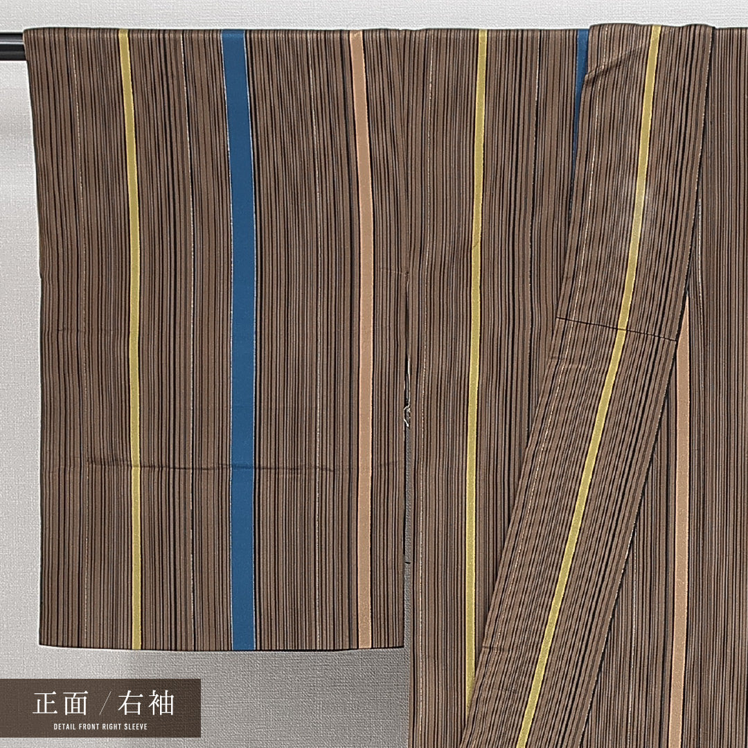 紬 袷 身丈158cm 裄丈63cm 正絹 Sランク Mサイズ 広衿 カジュアル 縞 茶系 緑系 1216-14771