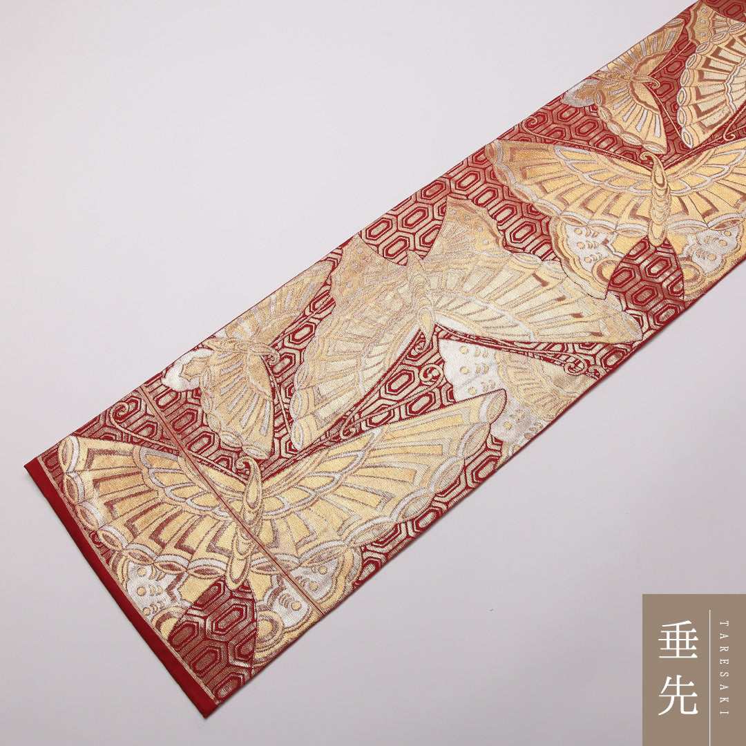 振袖用 袋帯 帯丈434cm 正絹 六通 蝶 亀甲 赤系 1243-01412