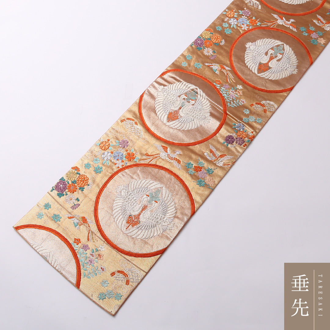 袋帯 帯丈432cm 正絹 六通 フォーマル 鳳凰 丸文 朱系 1243-01578