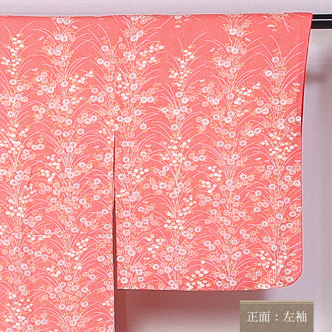 小紋 袷 身丈157cm 裄丈64cm 正絹 Sランク インフォーマル 広衿 Mサイズ 菊 ピンク系 RP 1221-10899