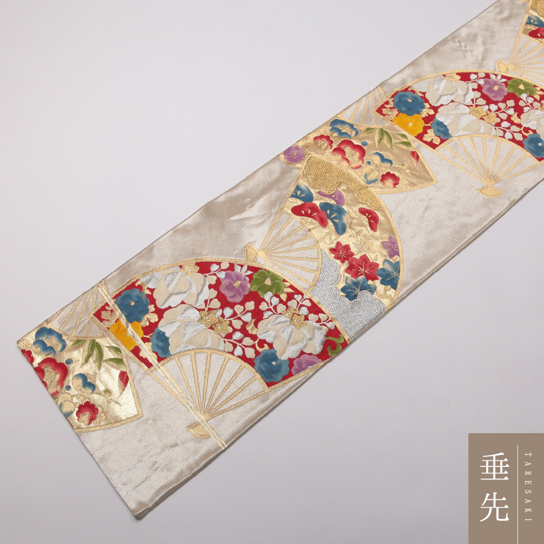 袋帯 帯丈408cm 正絹 全通 帯端のみ未仕立て フォーマル 花扇 銀系 1243-01421