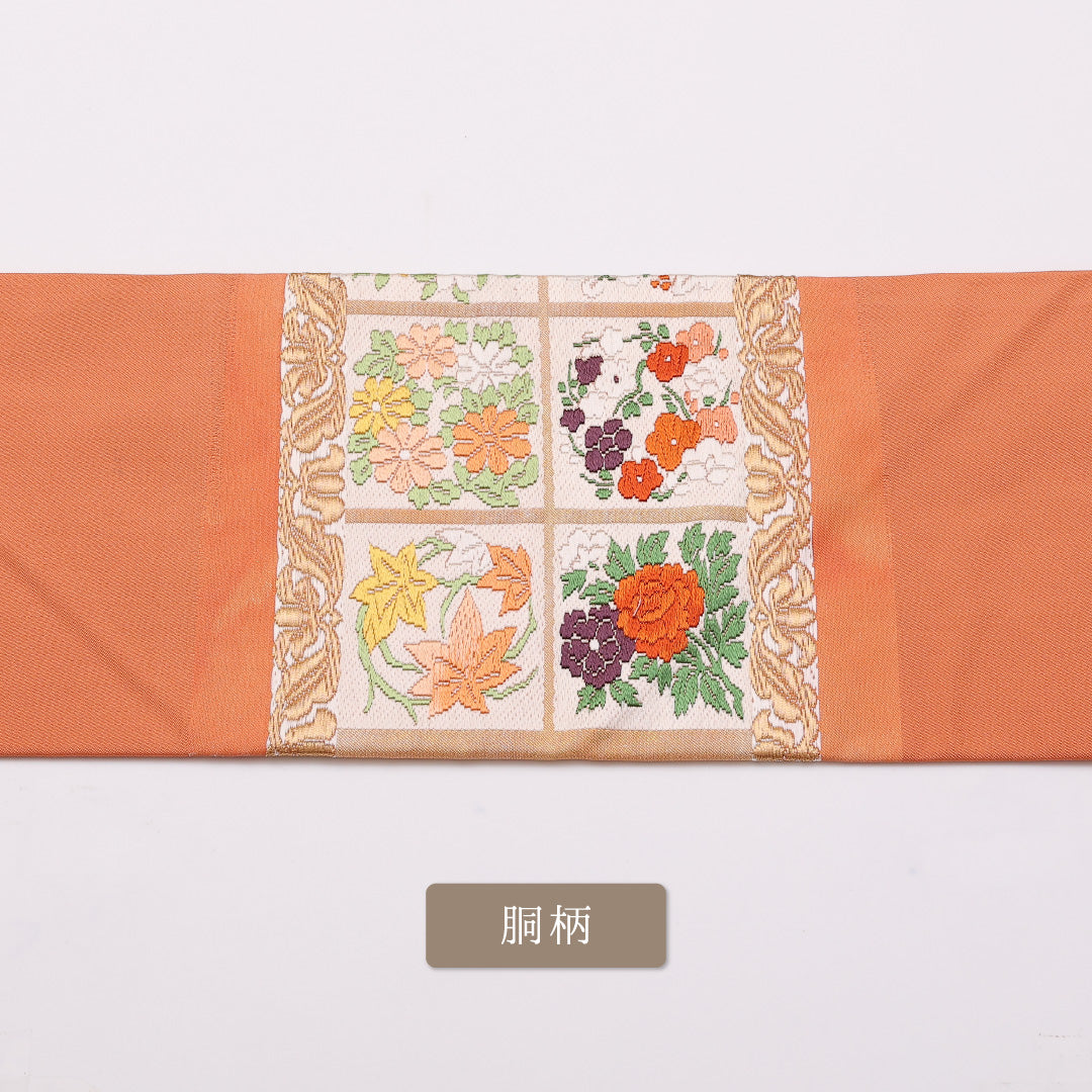 名古屋帯 帯丈357cm ポイント柄 名古屋仕立て Sランク セミフォーマル 檜扇 花文 四季草花 唐織 正絹 朱系 しつけ糸 1224-00987