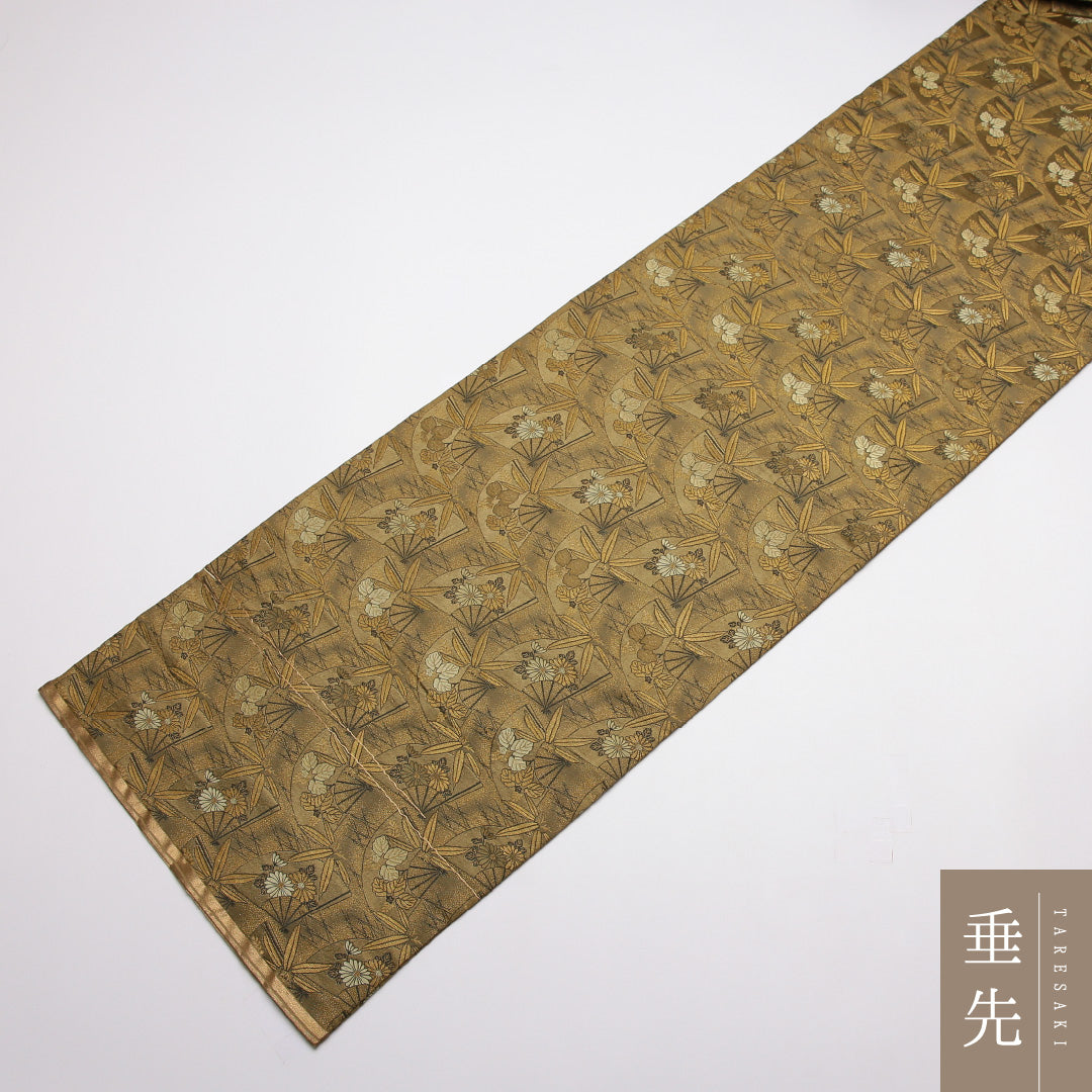 アンティーク 袋帯 帯丈400cm 正絹 全通 花扇 緑系 1243-01433