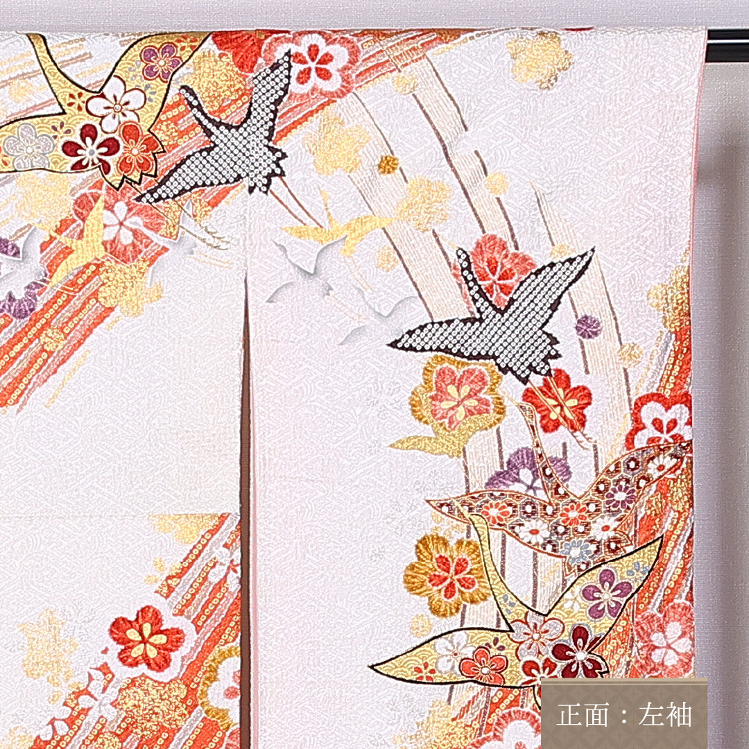 振袖 身丈154cm 裄丈63cm 袷 正絹 Sランク 広衿 梅 鶴 金糸 1213-F0381